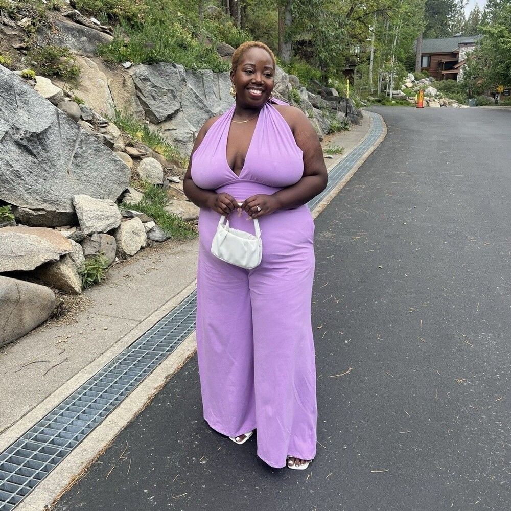 REBDOLLS Plus Size 3X Purple Halter Wide-Leg Jumpsuit 3X Wedding Summer Chic